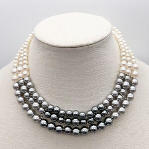 Ombre Graduated Faux Pearl Ivory To Gray 3 Strand Collar Necklace Fashion Formal